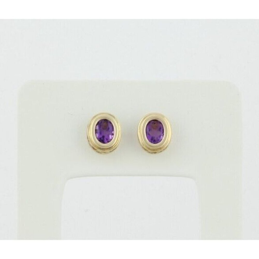10k Yellow Gold Natural Amethyst Earrings Stud Post - Picture 7 of 8